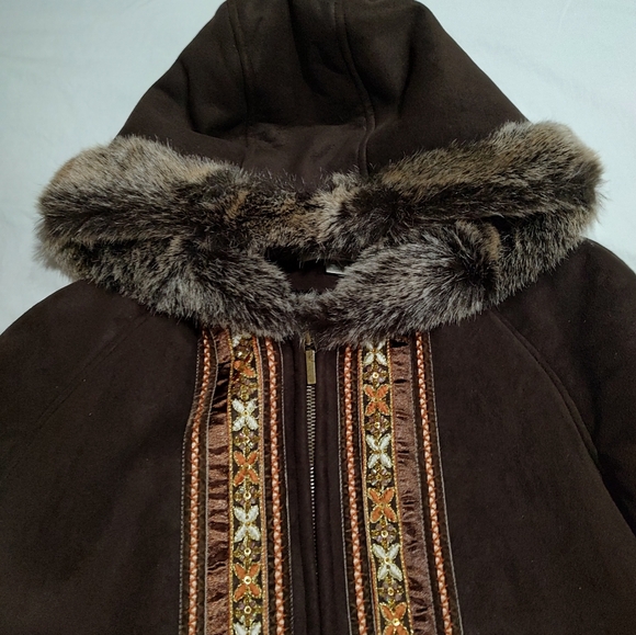 Coldwater Creek Brown Embroidered Boho Faux Suede Fur Lined Jacket Small - Picture 3 of 10